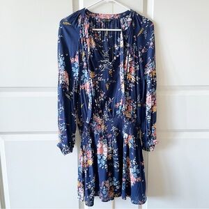 Lucky Brand Floral Smocked Long Sleeve Navy Mini Dress Size Small